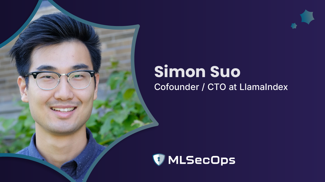 Blue banner with MLSecOps logo and photo of Simon Suo